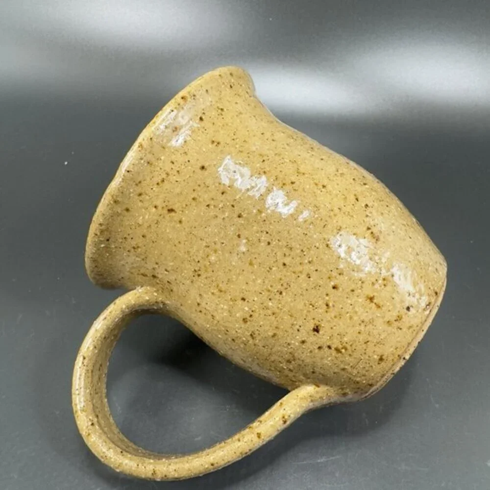 Hand Made Pottery Coffee Mug Cup Stoneware Artist Signed Raised Flower Brown VTG